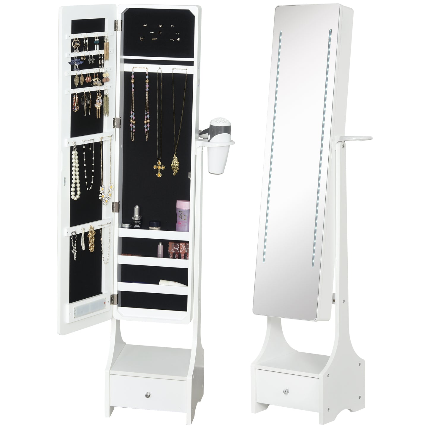 Photo of HOMCOM Jewellery Cabinet, Full Length Mirror with Storage, Free Standing Mirror with LED Lights, Hooks, Drawer and Hairdryer Holder for Bedroom, White in White colour on a white background