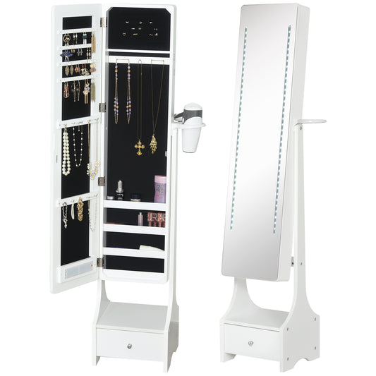 Photo of HOMCOM Jewellery Cabinet, Full Length Mirror with Storage, Free Standing Mirror with LED Lights, Hooks, Drawer and Hairdryer Holder for Bedroom, White in White colour on a white background