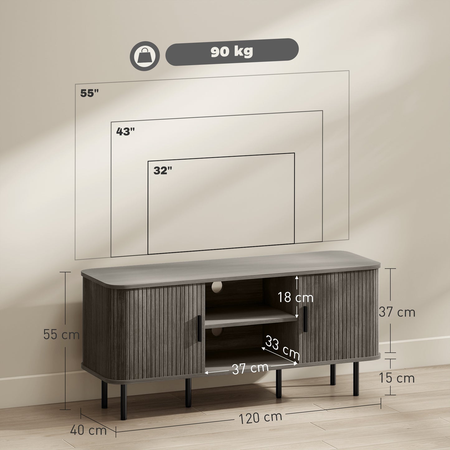 HOMCOM TV Stand Cabinet for TVs up to 55 Inches, TV Unit with Storage Shelves and Cupboard for Living Room, Grey