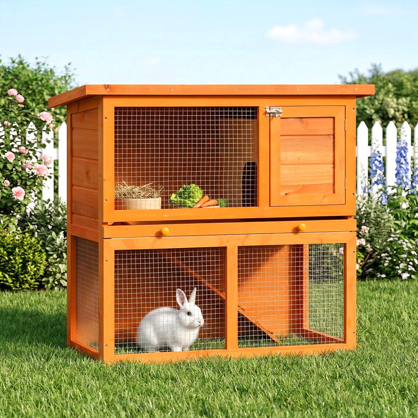 PawHut Two-Tier Rabbit Hutch, Wooden Outdoor Pet Cage, with Opening Top