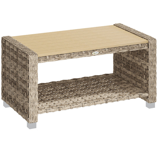 Photo of Outsunny Outdoor Coffee Table with Storage Shelf, PE Rattan Side Table with Slatted Top and Foot Pads, Light Brown in Brown colour on a white background