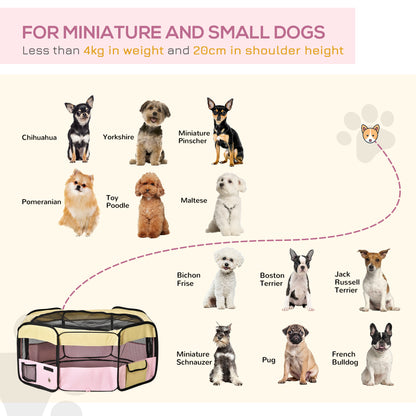 Pink and yellow pet playpen with illustrations of small dog breeds