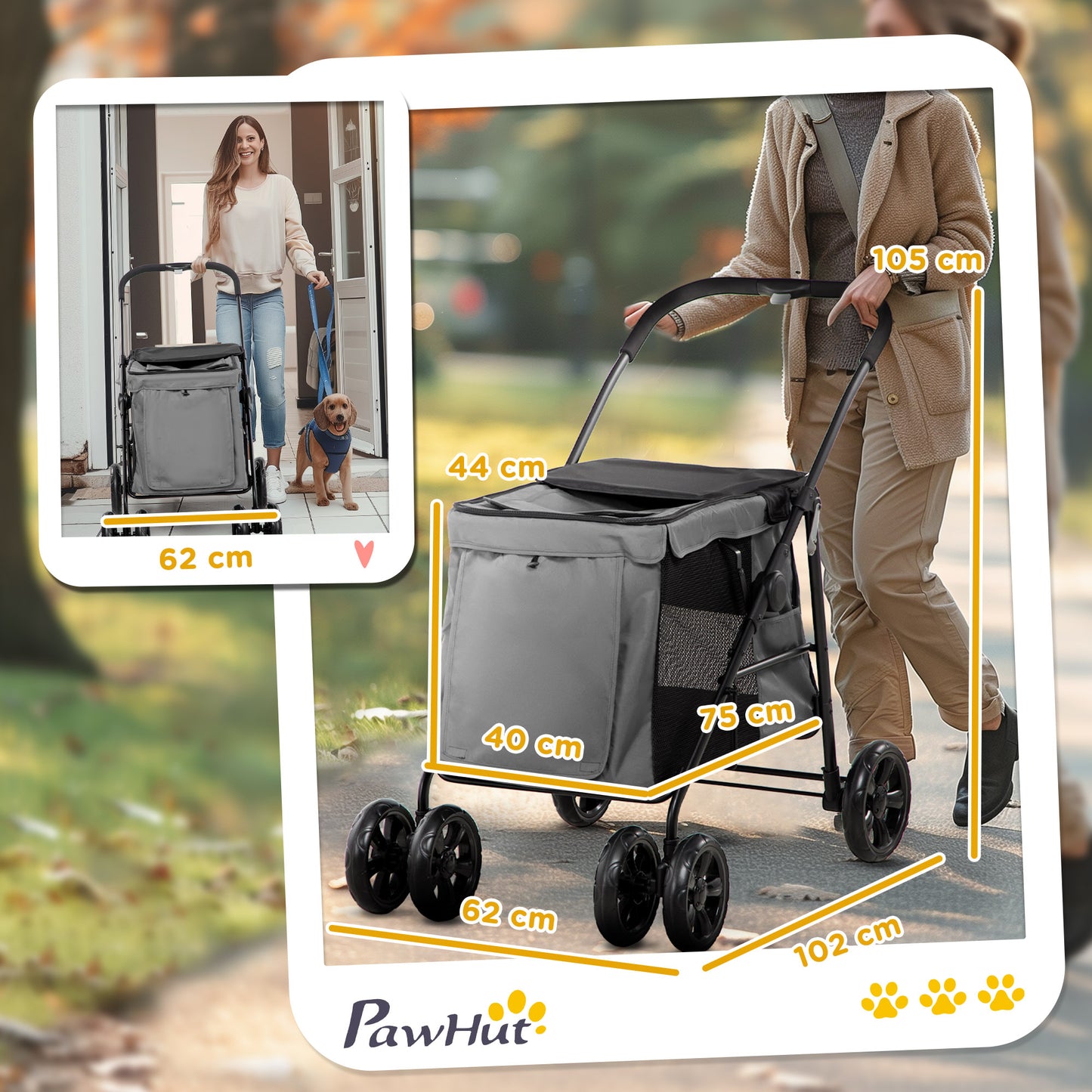 PawHut Dog Pram Dog Stroller 4 Wheels Pet Pushchair with Rolling Door, Cushion, Safety Leashes, for Small and Medium Breeds, Grey