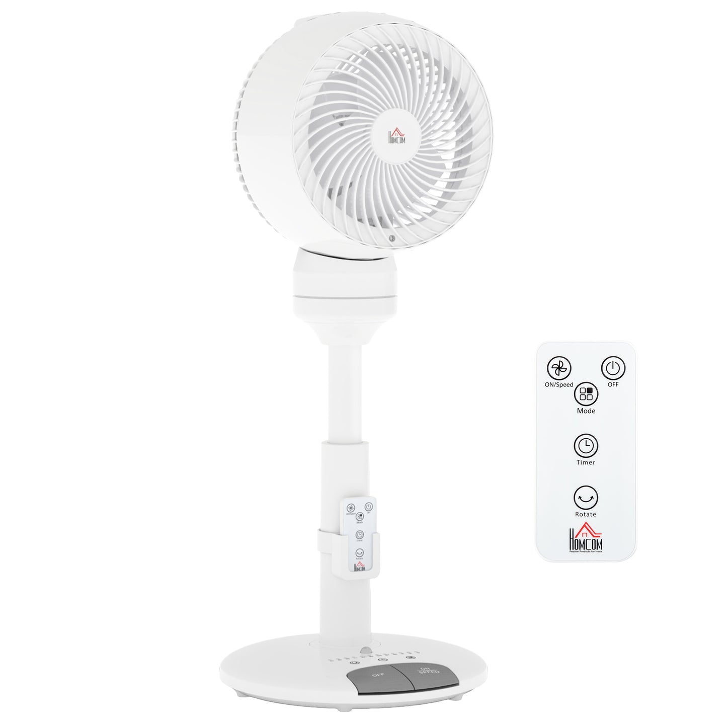 Photo of HOMCOM Standing Fan for Bedroom, 28" Pedestal Fan with Remote, 70° Oscillating, 90° Vertical Tilt, 3 Speeds, Adjustable Height, 7H Timer, Foot Button, White in White colour on a white background