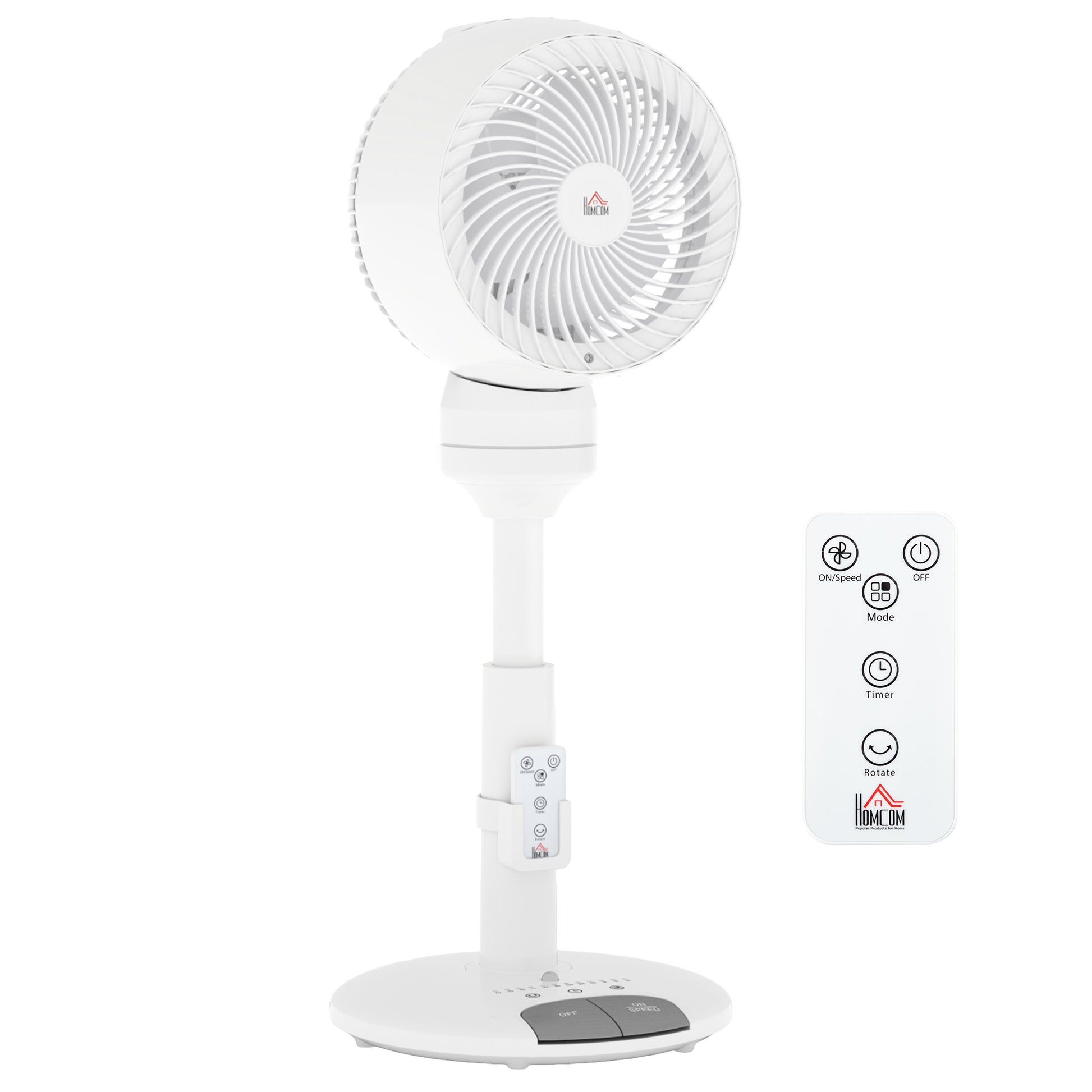 Photo of HOMCOM Standing Fan for Bedroom, 28" Pedestal Fan with Remote, 70° Oscillating, 90° Vertical Tilt, 3 Speeds, Adjustable Height, 7H Timer, Foot Button, White in White colour on a white background