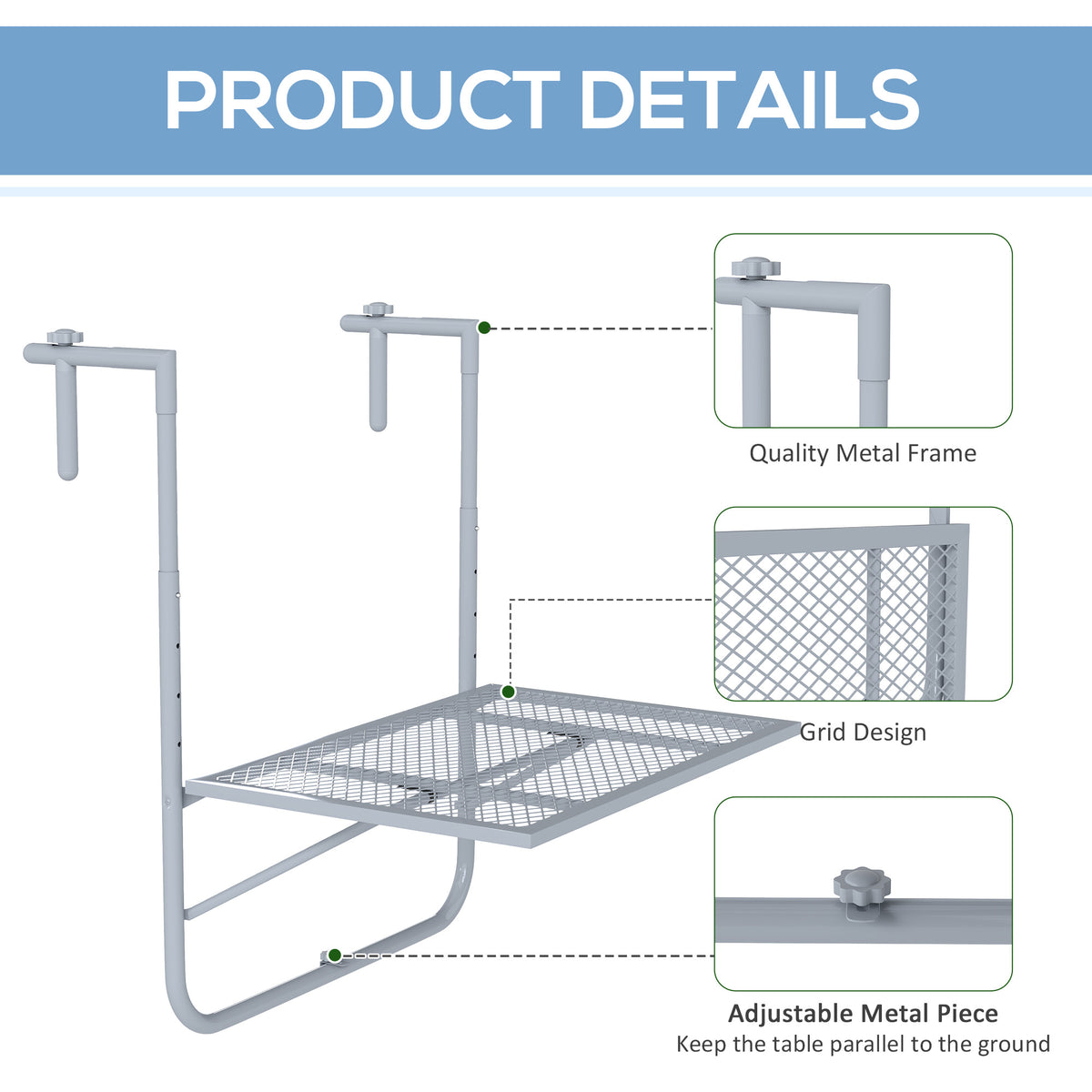 Grey hanging table with a metal frame, grid top, and adjustable support piece