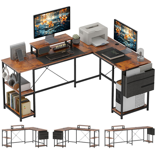 Photo of HOMCOM 168cm Reversible L Shaped Desk, Industrial Corner Computer Desk with Adjustable Shelf and Storage Bag, 240cm 2 Person PC Table with Monitor Stand, Rustic Brown in Brown colour on a white background