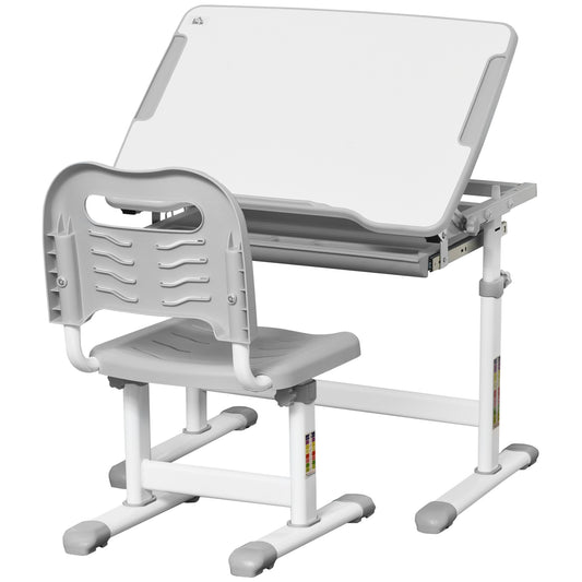 Photo of HOMCOM Kids Desk and Chair Set, Student Adjustable Writing Desk, with Drawer, Pen Slot, Hook - Grey in Grey colour on a white background