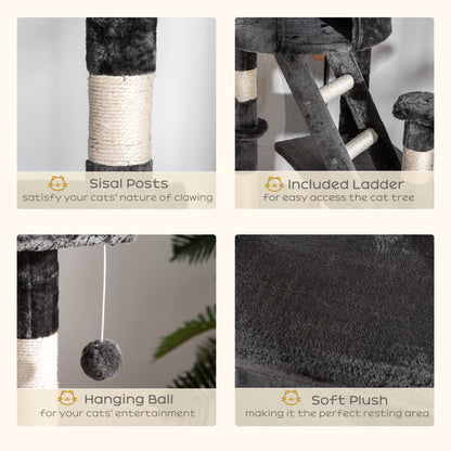 Cat tree details: sisal-wrapped posts, ladder, hanging ball and soft plush covering