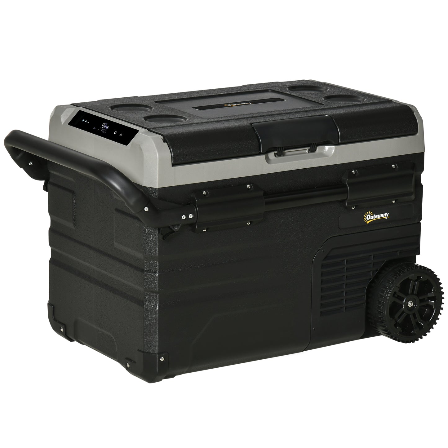 Photo of Outsunny 40L Car Refrigerator, Portable Compressor Cooler Box, Fridge Freezer w/ Inner LED Light, Foldable Handles, Cup Holders, 12/24V DC and 110-240V AC for Campervan RV Boat Travel Down to -20℃ in -20℃ colour on a white background