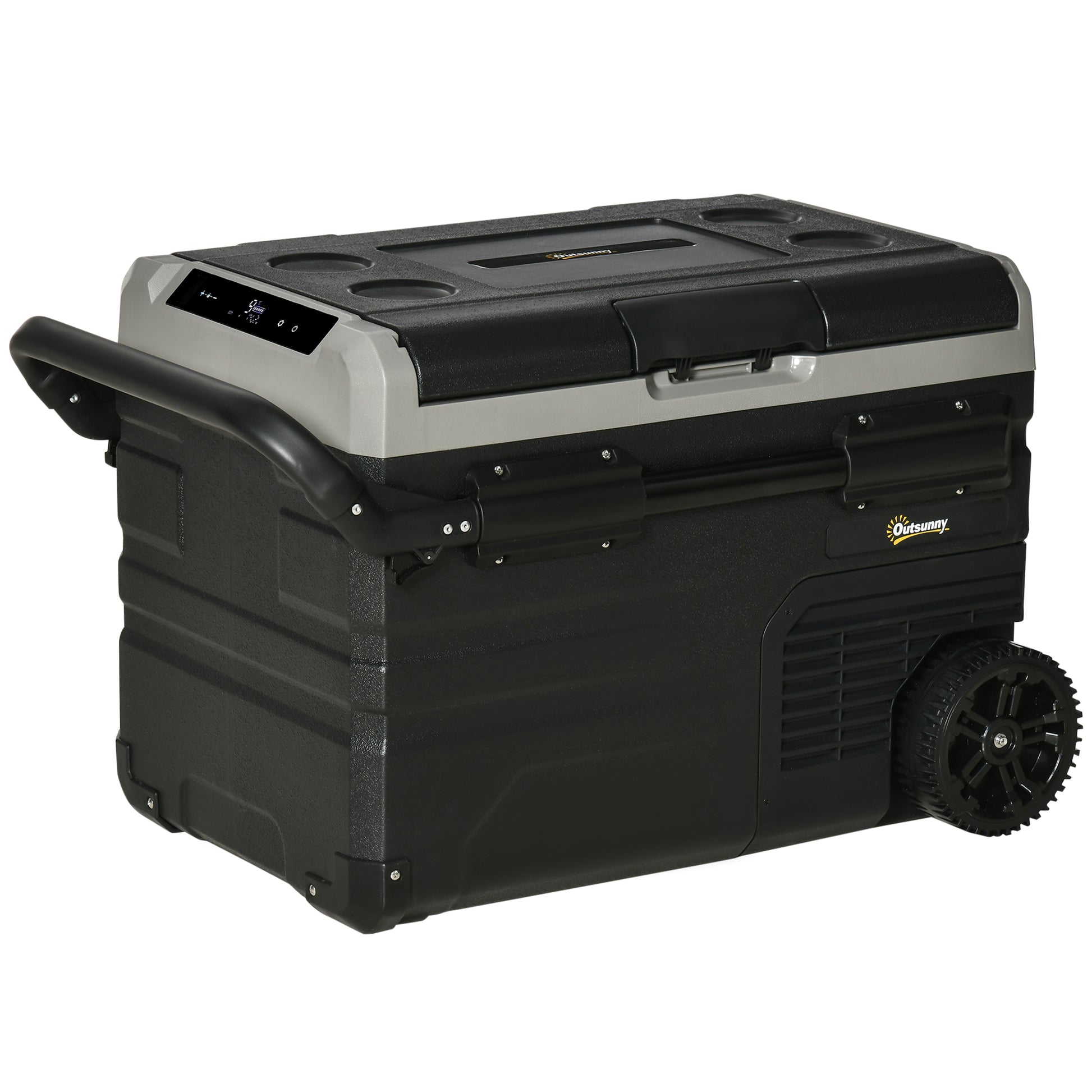 Photo of Outsunny 40L Car Refrigerator, Portable Compressor Cooler Box, Fridge Freezer w/ Inner LED Light, Foldable Handles, Cup Holders, 12/24V DC and 110-240V AC for Campervan RV Boat Travel Down to -20℃ in -20℃ colour on a white background