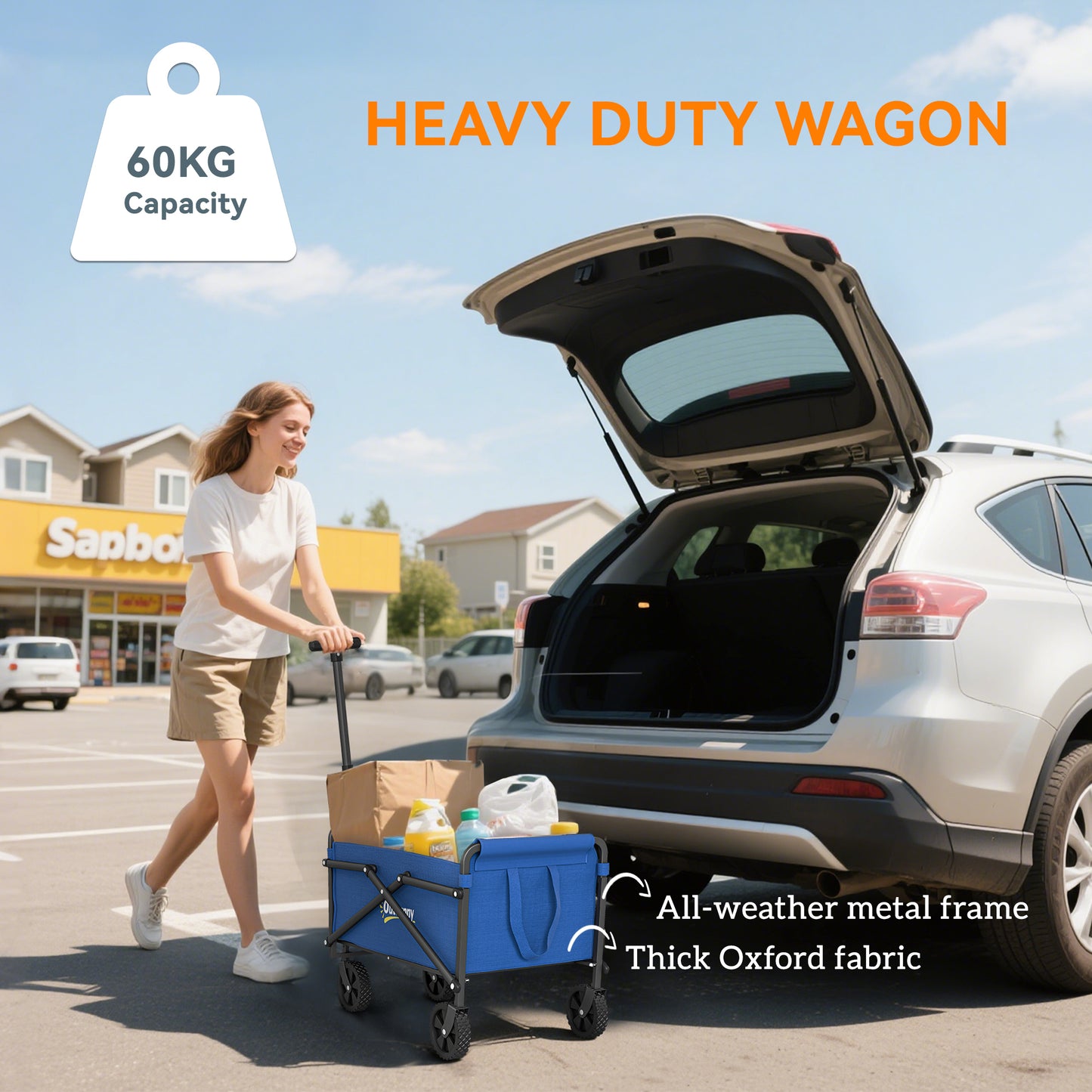Outsunny 62L Festival Trolley on Wheels, Portable Small Folding Trolley Cart, 60kg Heavy Duty Collapsible Foldable Wagon with Adjustable Handle and Carrying Bag for Beach, Camping, Garden, Blue