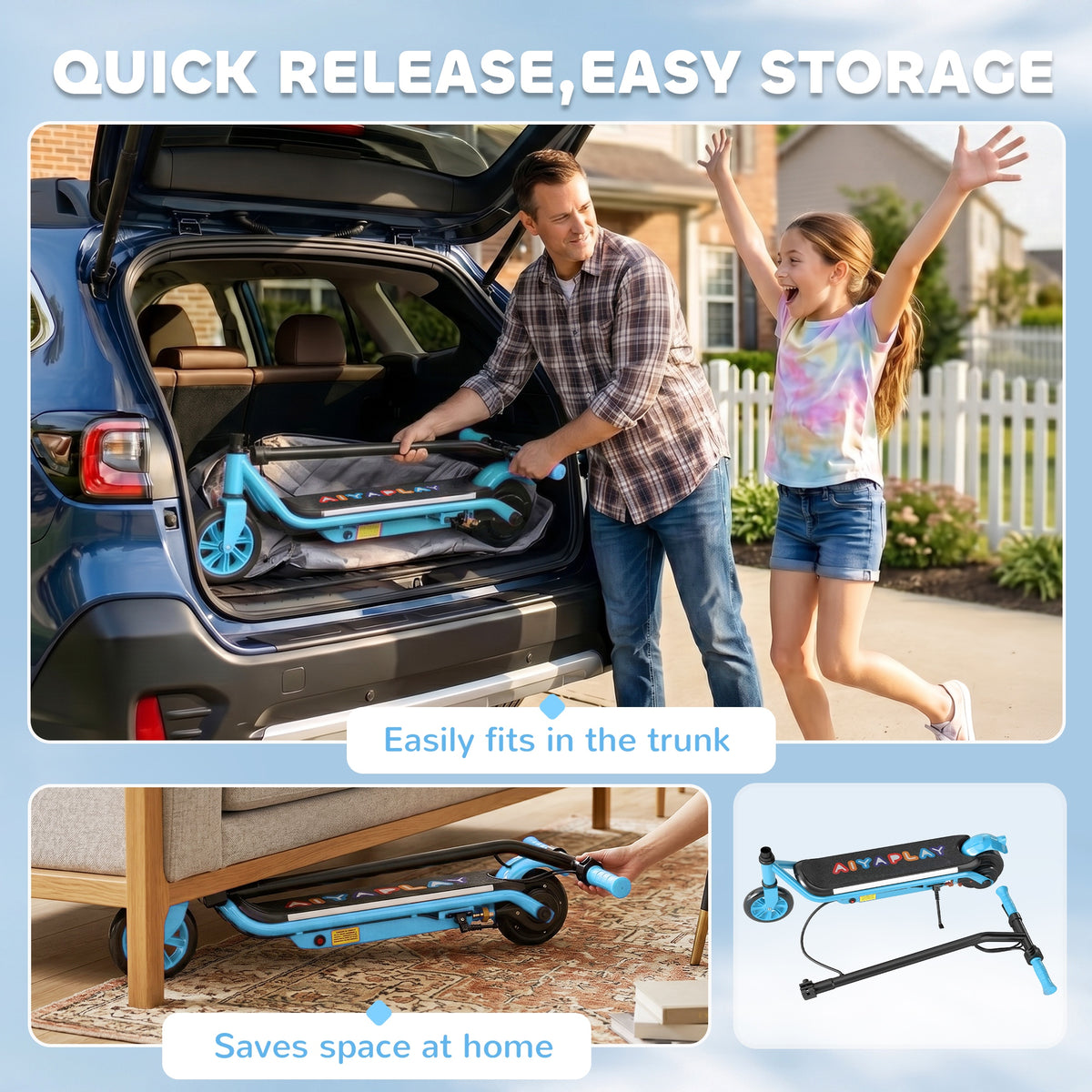 AIYAPLAY blue electric scooter folded for storage, with a quick-release handlebar stem