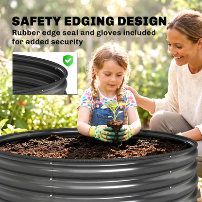 Raised garden bed with rounded safety edging, shown with included gardening gloves