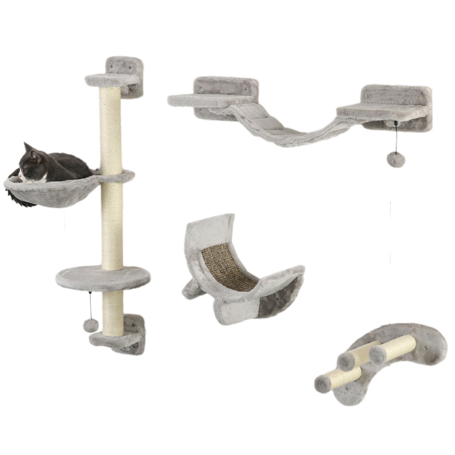 Photo of PawHut Four-Piece Cat Wall Furniture, with Hammock, Ladder, Platforms, Steps, for Indoor Use - Grey in Grey colour on a white background