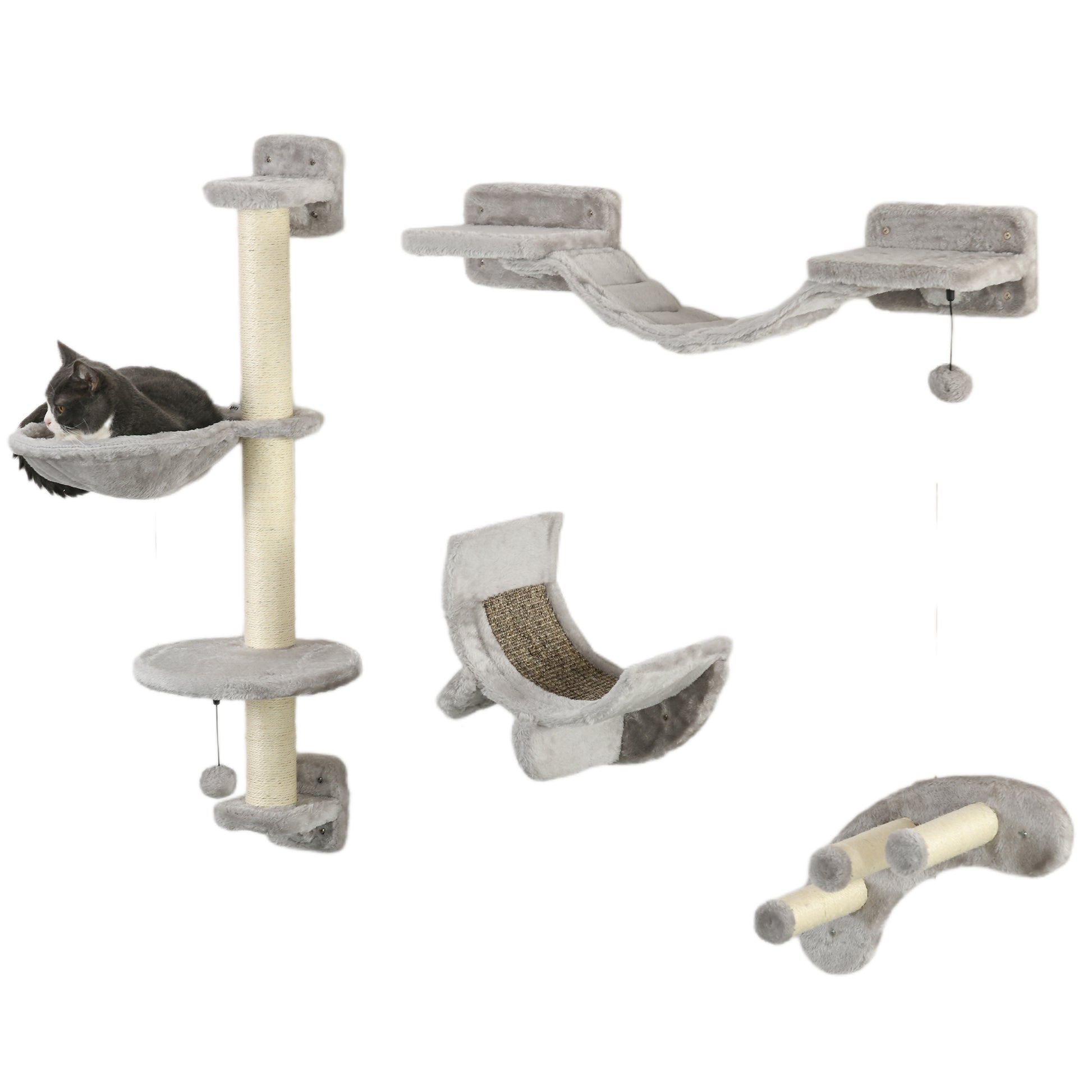 Photo of PawHut Four-Piece Cat Wall Furniture, with Hammock, Ladder, Platforms, Steps, for Indoor Use - Grey in Grey colour on a white background
