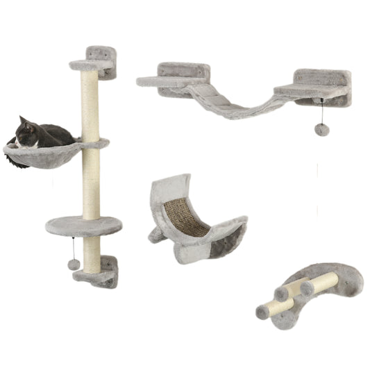 Photo of PawHut Four-Piece Cat Wall Furniture, with Hammock, Ladder, Platforms, Steps, for Indoor Use - Grey in Grey colour on a white background