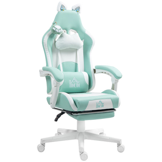 Photo of HOMCOM Cat Ear and Paw Reclining Office Chair, with Footrest - Light Blue/White in Blue/White colour on a white background