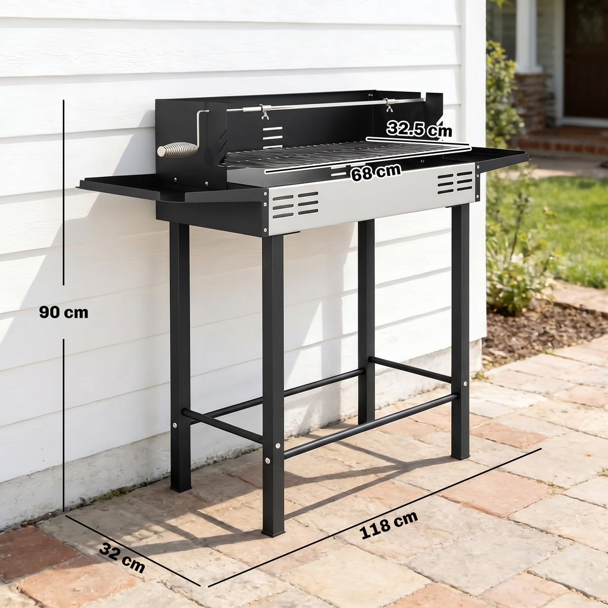Outsunny freestanding charcoal grill with side shelves and dimensions shown