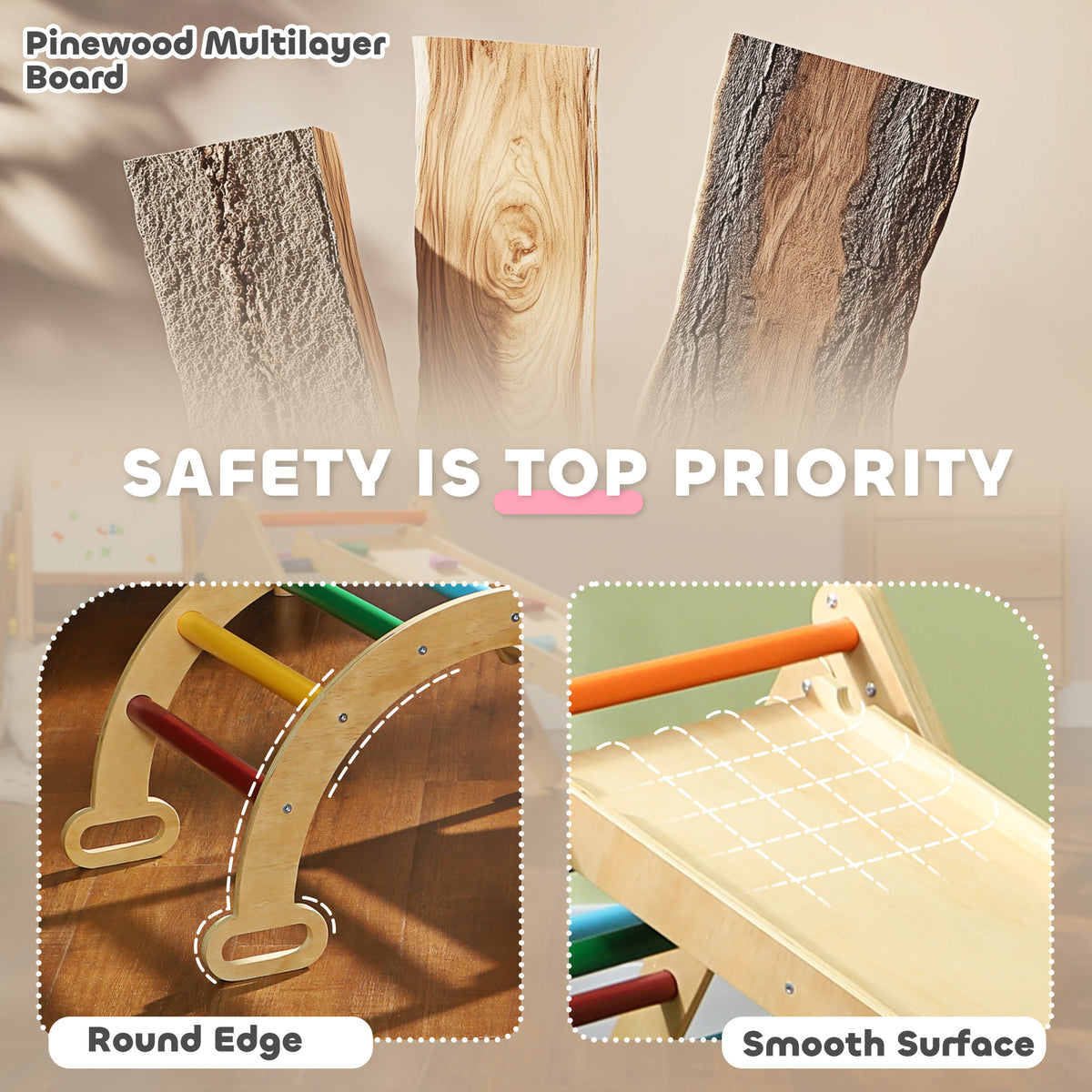 Pinewood climbing frame detail showing rounded edges and a smooth slide surface