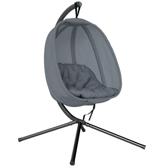 Photo of Outsunny Hanging Egg Chair, Folding Texteline Swing Hammock with Side Pocket, Cushion and Stand for Indoor Outdoor, Patio Garden Furniture, Grey in Grey colour on a white background