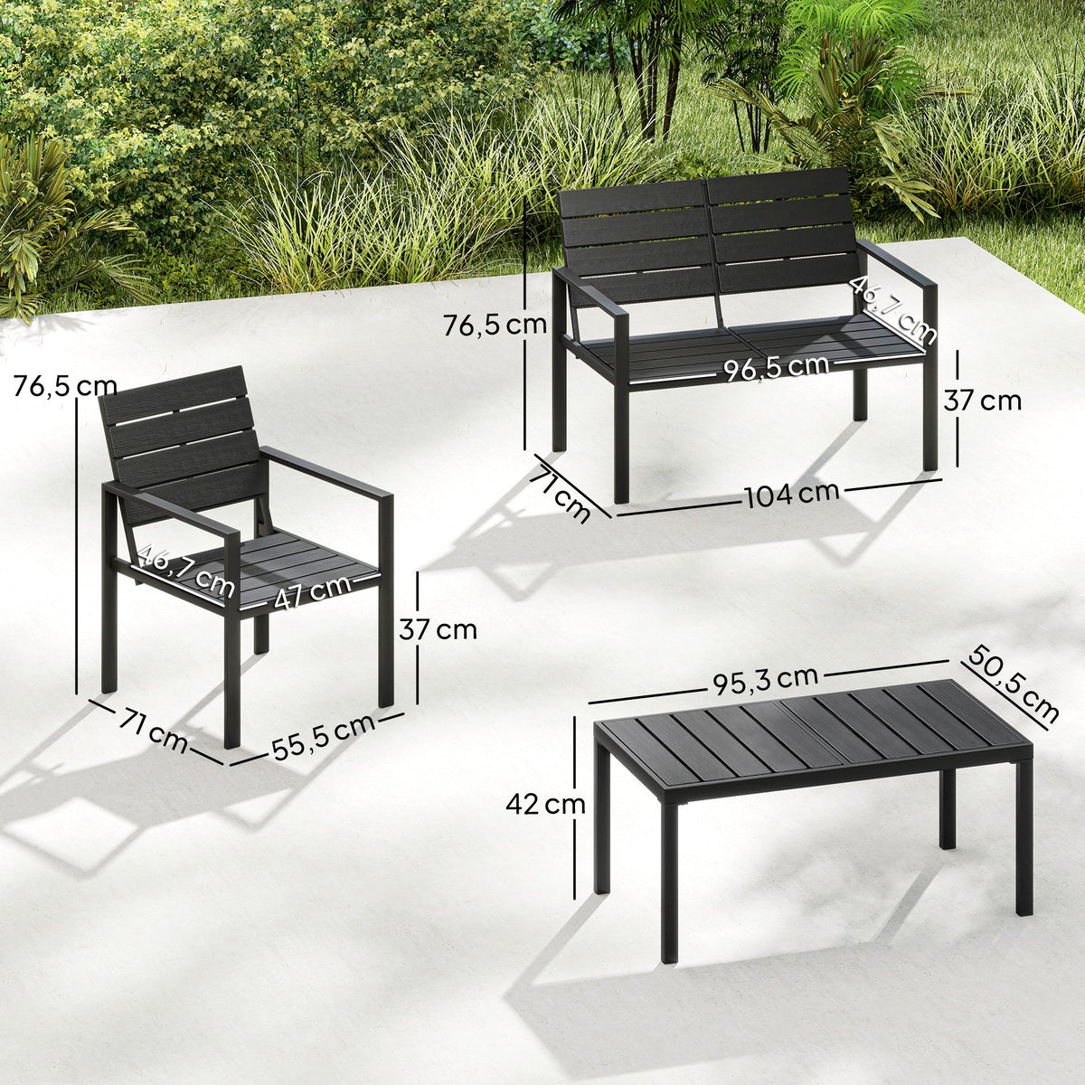 Outsunny 4 Piece Garden Furniture Set, Outdoor Sofa Set with HDPE Slatted Loveseat Armchairs Coffee Table Metal Frame, Black
