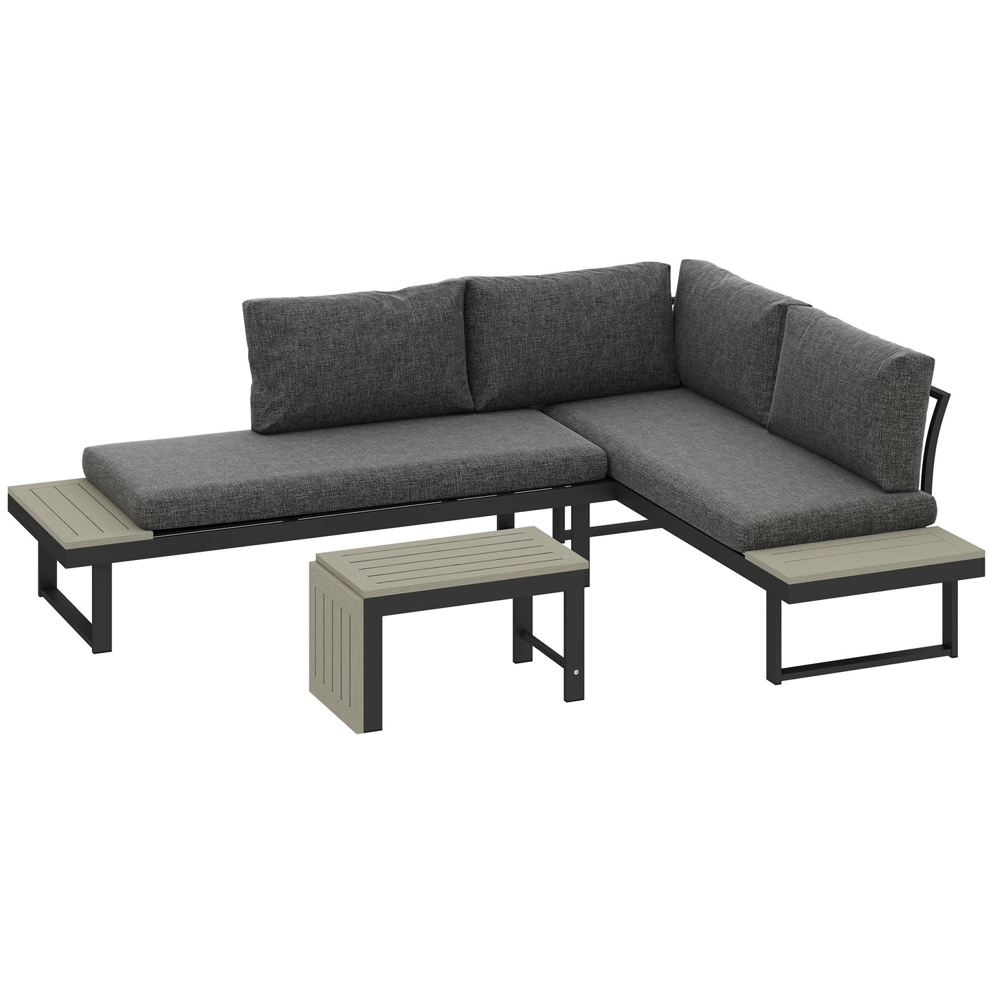 Photo of Outsunny 4 Seater L Shaped Aluminium Sectional Garden Furniture Set with 2 Loveseats and Wood-Plastic Coffee Table - Dark Grey in Grey colour on a white background