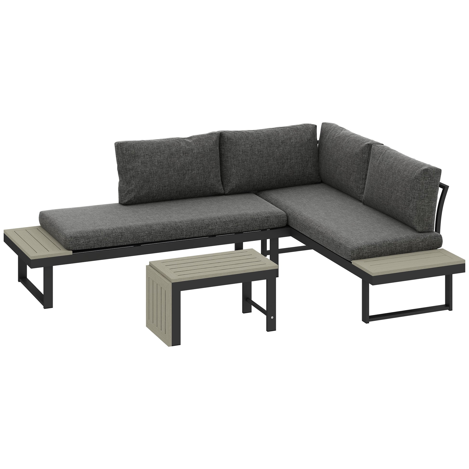 Photo of Outsunny 4 Seater L Shaped Aluminium Sectional Garden Furniture Set with 2 Loveseats and Wood-Plastic Coffee Table - Dark Grey in Grey colour on a white background