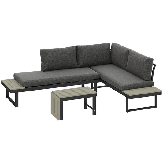 Photo of Outsunny 4 Seater L Shaped Aluminium Sectional Garden Furniture Set with 2 Loveseats and Wood-Plastic Coffee Table - Dark Grey in Grey colour on a white background