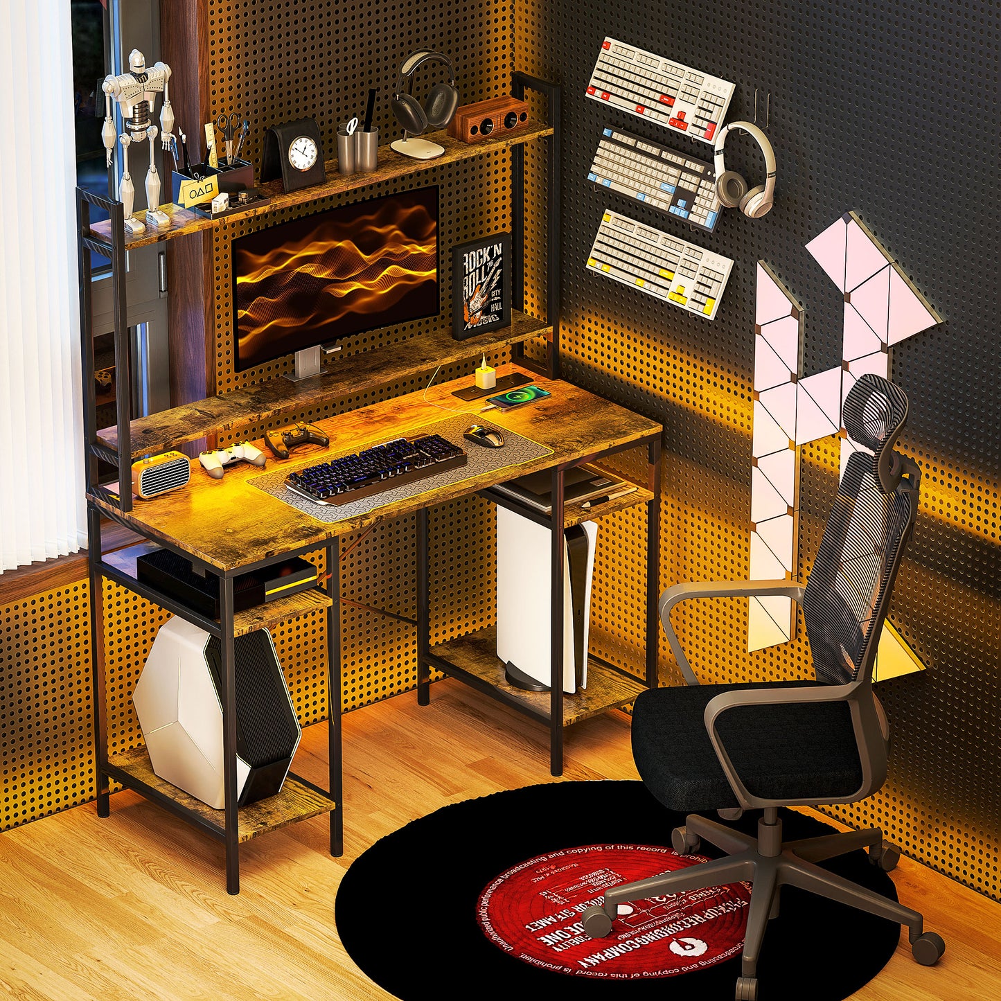 HOMCOM Computer Desk with Power Outlets and LED Lights, Home Office Desk with Monitor Stand, 2 CPU Stands and Storage Shelves, Study Table Gaming Desk with Hutch, Rustic Brown
