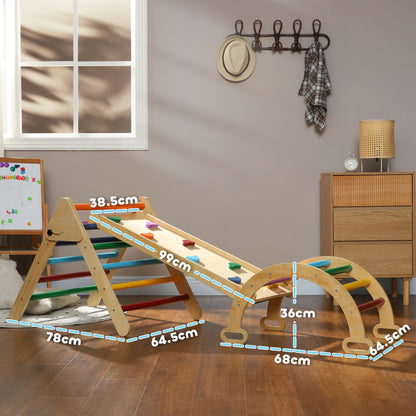 Wooden toddler climbing frame with slide ramp, arch, and multicolored ladder bars