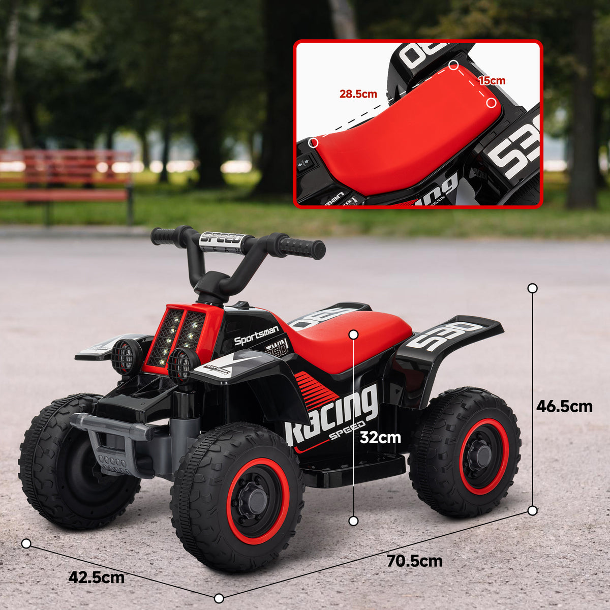 AIYAPLAY ride-on quad bike with red seat and black body; measures 70.5 cm long and 46.5 cm tall