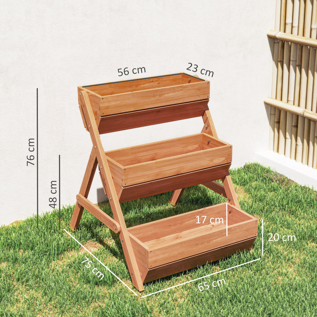 Outsunny three-tier wooden raised garden bed with dimensions labeled