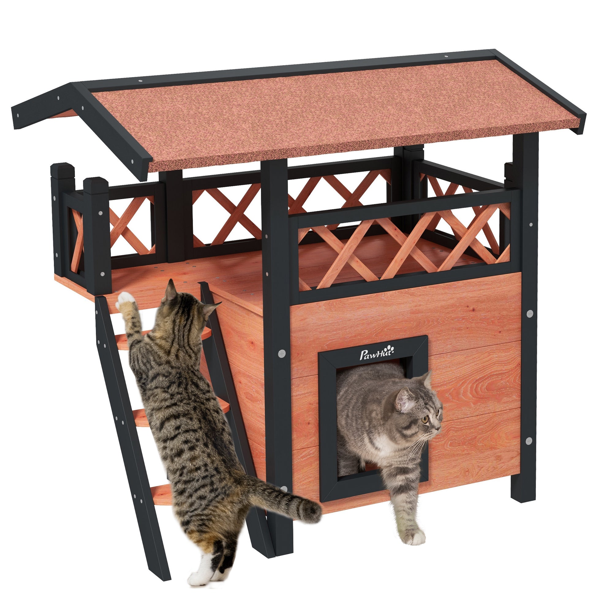 Photo of PawHut Cat House Outdoor w/ Balcony Stairs Roof, 77 x 50 x 73 cm, Brown in Brown colour on a white background