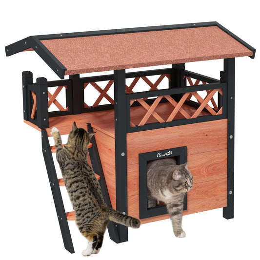 Photo of PawHut Cat House Outdoor w/ Balcony Stairs Roof, 77 x 50 x 73 cm, Brown in Brown colour on a white background