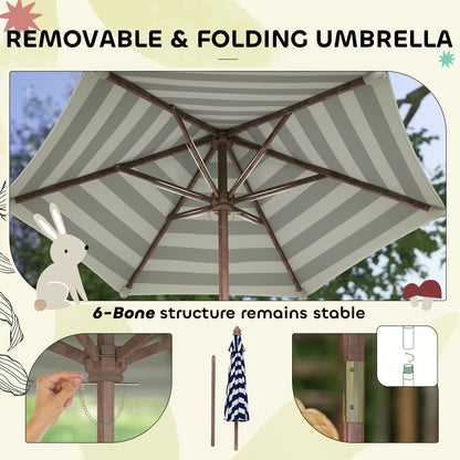 AIYAPLAY striped umbrella underside showing six support ribs and folding mechanism