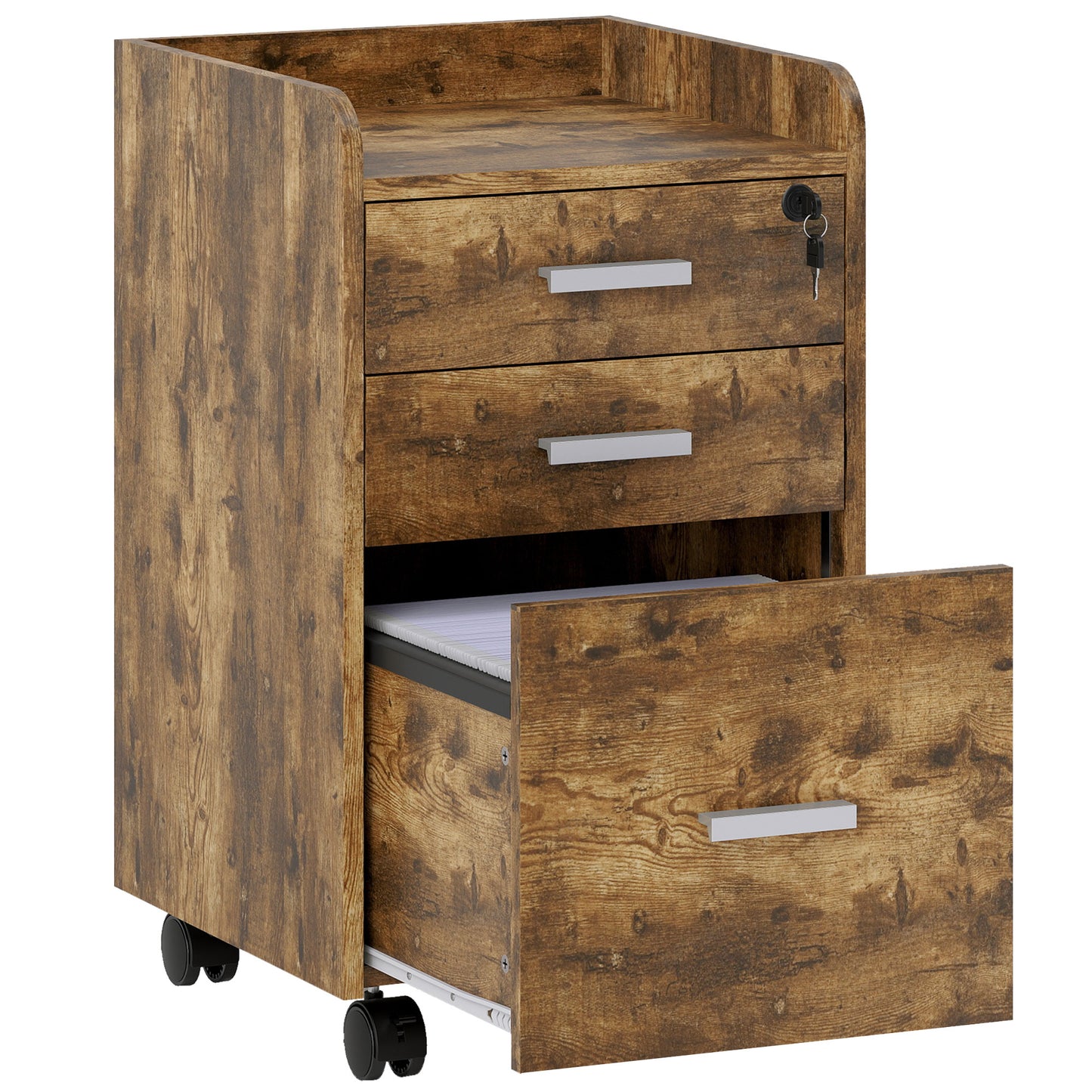 Photo of HOMCOM 3 Drawer Filing Cabinet with Lock, Rolling File Cabinet with Edged Top for Letter, A4 Size, Hanging File Folders in Folders colour on a white background