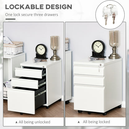 White three-drawer filing cabinet shown unlocked with drawers open and locked with drawers closed.