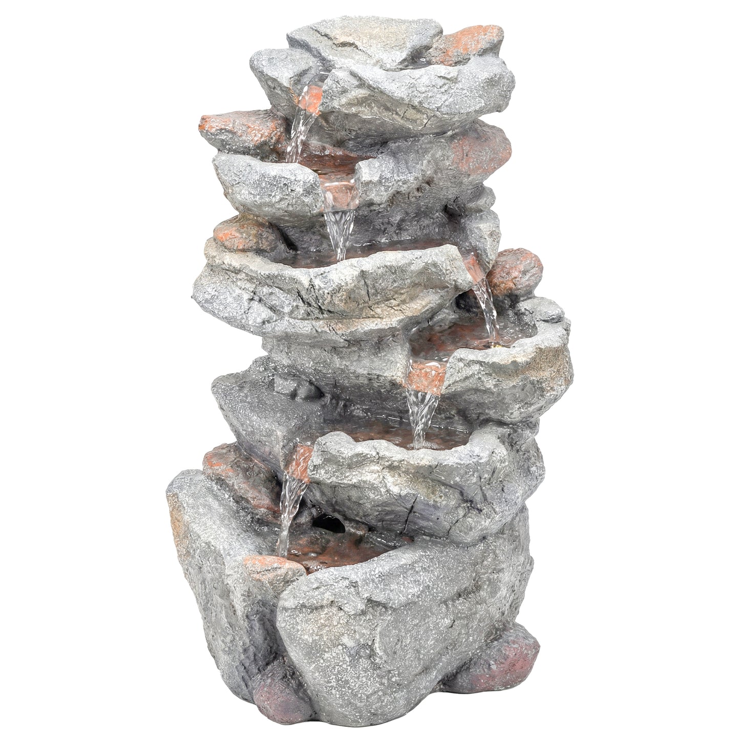 Photo of Outsunny Outdoor Water Fountain with 6-Tier Rock Style, Cascading Waterfall Feature with LED Lights, Adjustable Flow, Grey in Grey colour on a white background