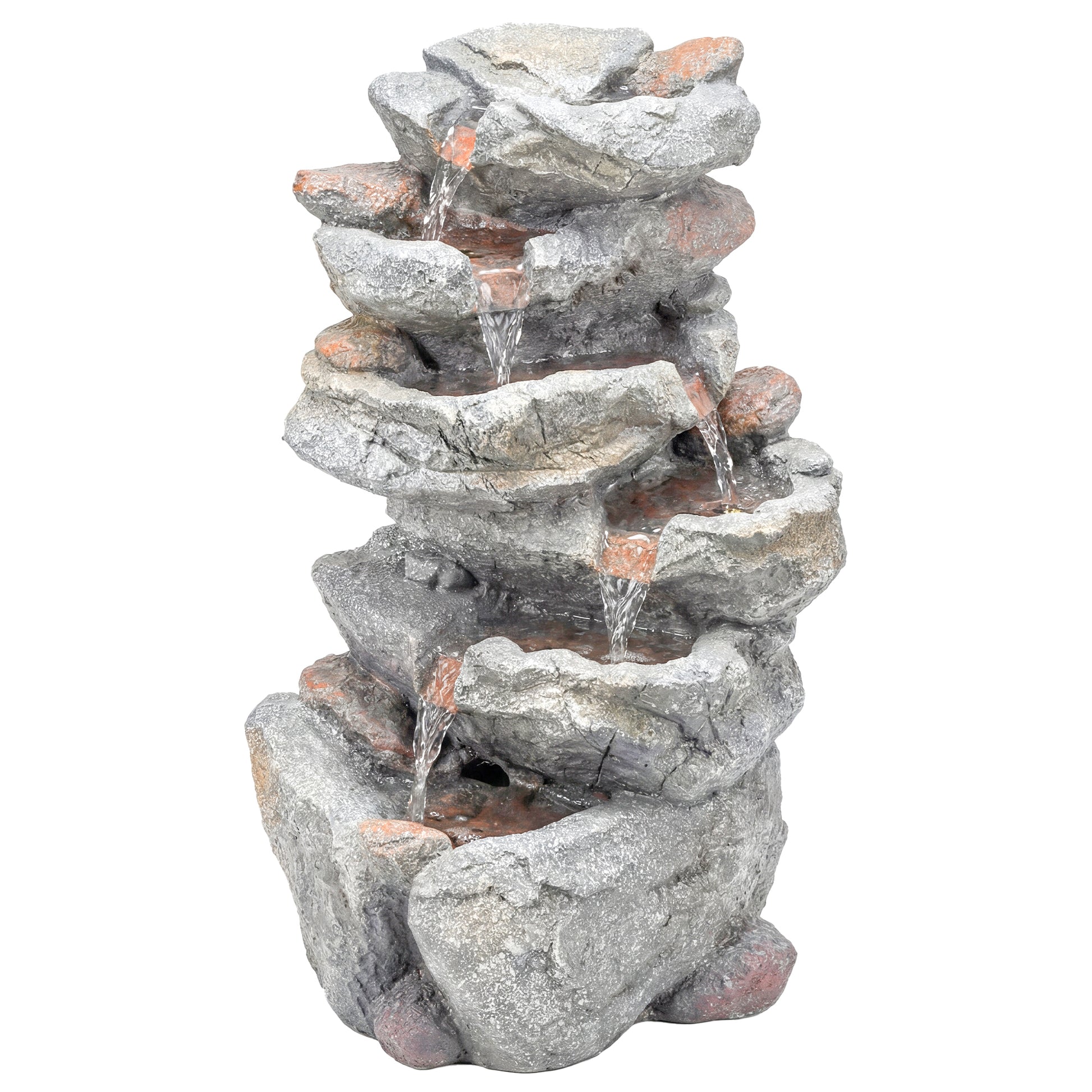 Photo of Outsunny Outdoor Water Fountain with 6-Tier Rock Style, Cascading Waterfall Feature with LED Lights, Adjustable Flow, Grey in Grey colour on a white background