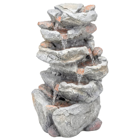 Photo of Outsunny Outdoor Water Fountain with 6-Tier Rock Style, Cascading Waterfall Feature with LED Lights, Adjustable Flow, Grey in Grey colour on a white background