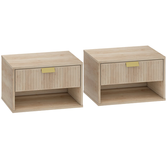 Photo of HOMCOM Set of 2 Wall Mounted Nightstands, Floating Bedside Tables with Fluted Drawer and Open Shelf for Small Bedroom, Oak in Oak colour on a white background