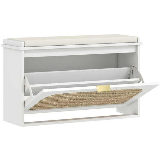 Photo of HOMCOM Boho Shoe Bench with Padded Seat and Flip-Drawer - White in White colour on a white background