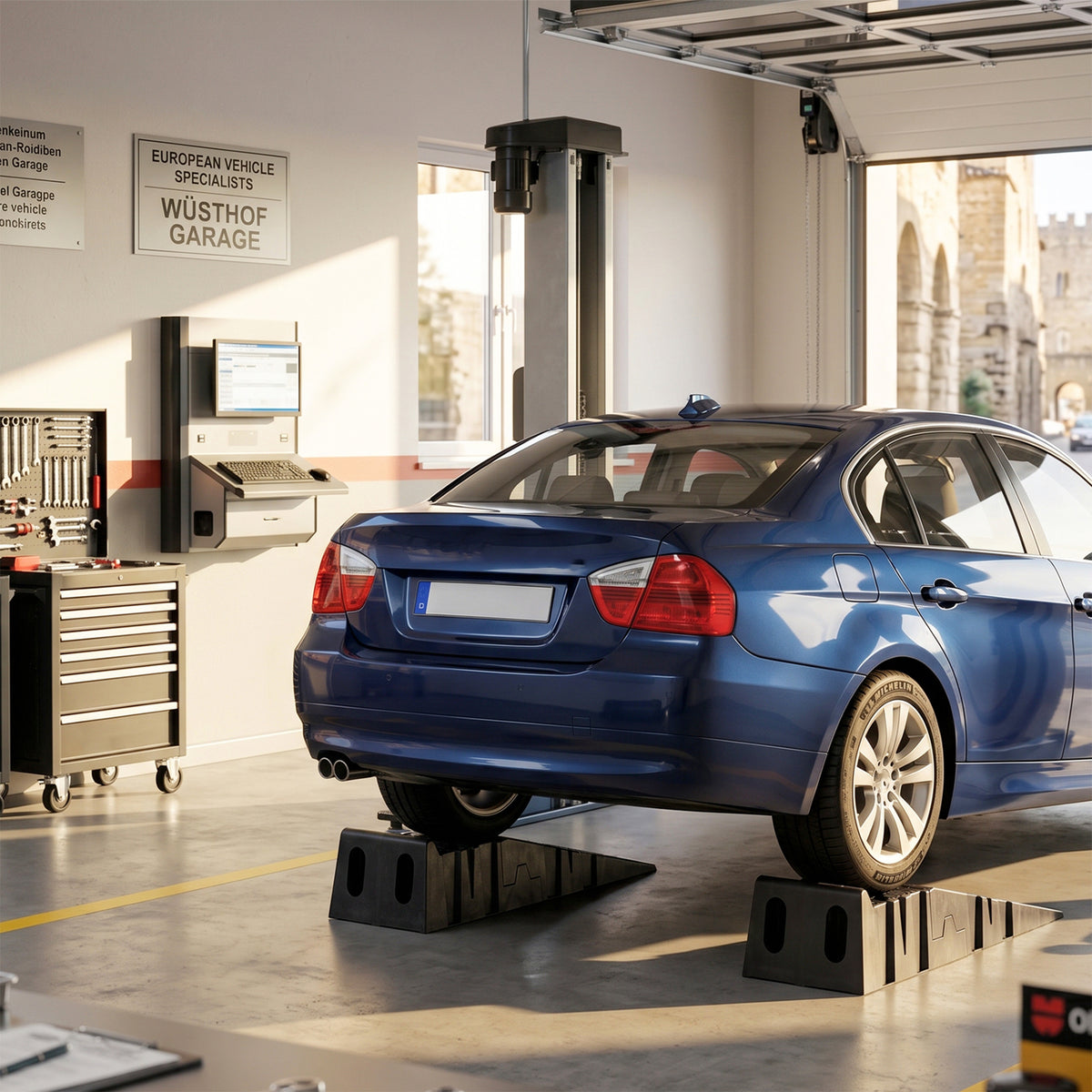 Pair of black car ramps lifting the rear wheels of a blue sedan