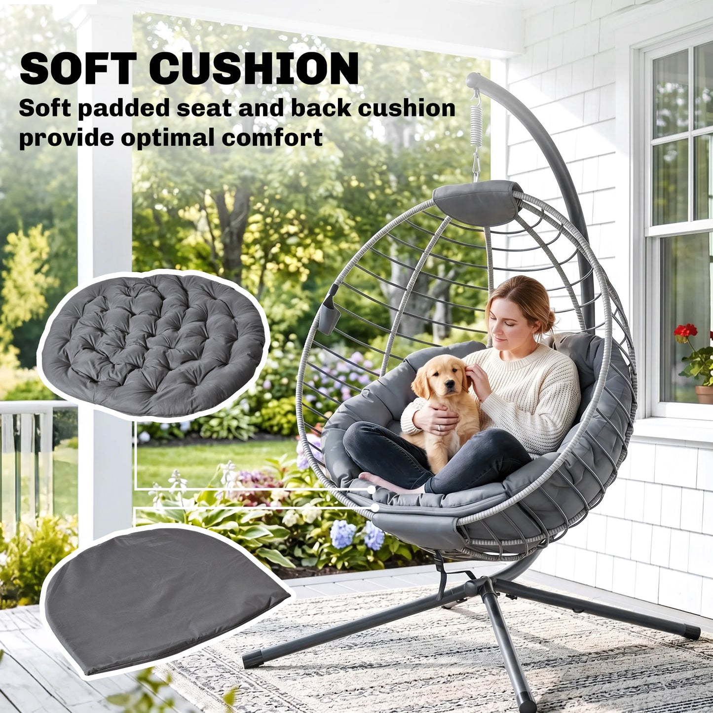 Outsunny PE Rattan Swing Chair, Outdoor Hanging Chair with Metal Stand, Thick Padded Cushion, Foldable Basket and Cup Holder, for Indoor and Outdoor, Grey