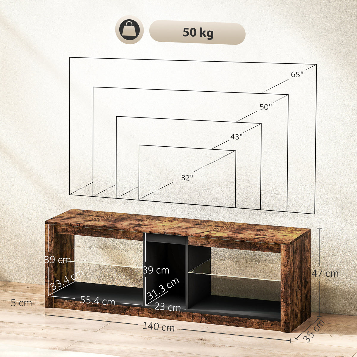 Rustic brown TV stand with center compartment, open shelves and size measurements