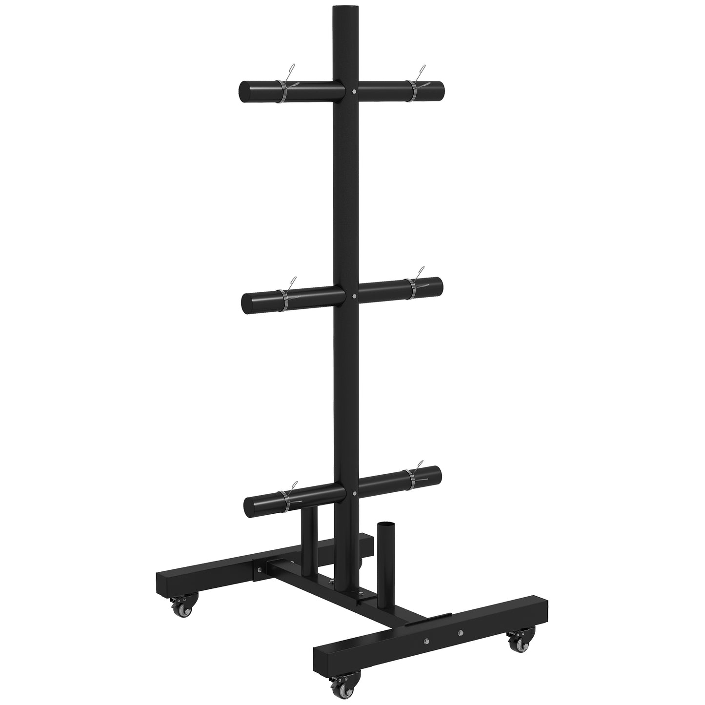 Photo of SPORTNOW Weight Rack for Olympic Weight Plate, 3 Tier Weight Tree for 2 inch Plates and Bars, Weight Organiser Stand with 4 Transport Wheels and Clamps for Home Gym, Max Load 200kg, Black in Black colour on a white background