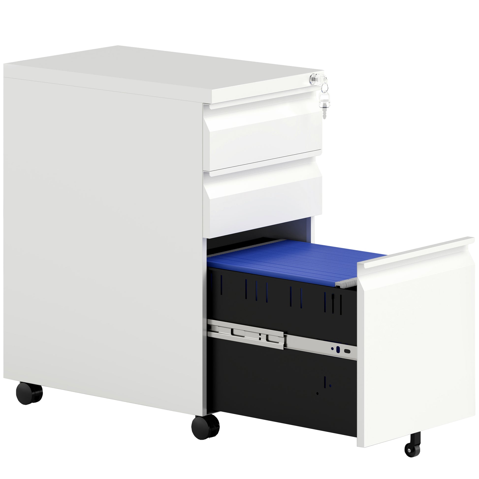 Photo of Vinsetto 3-Drawer Steel Filing Cabinet with Lock and Wheels - White in White colour on a white background