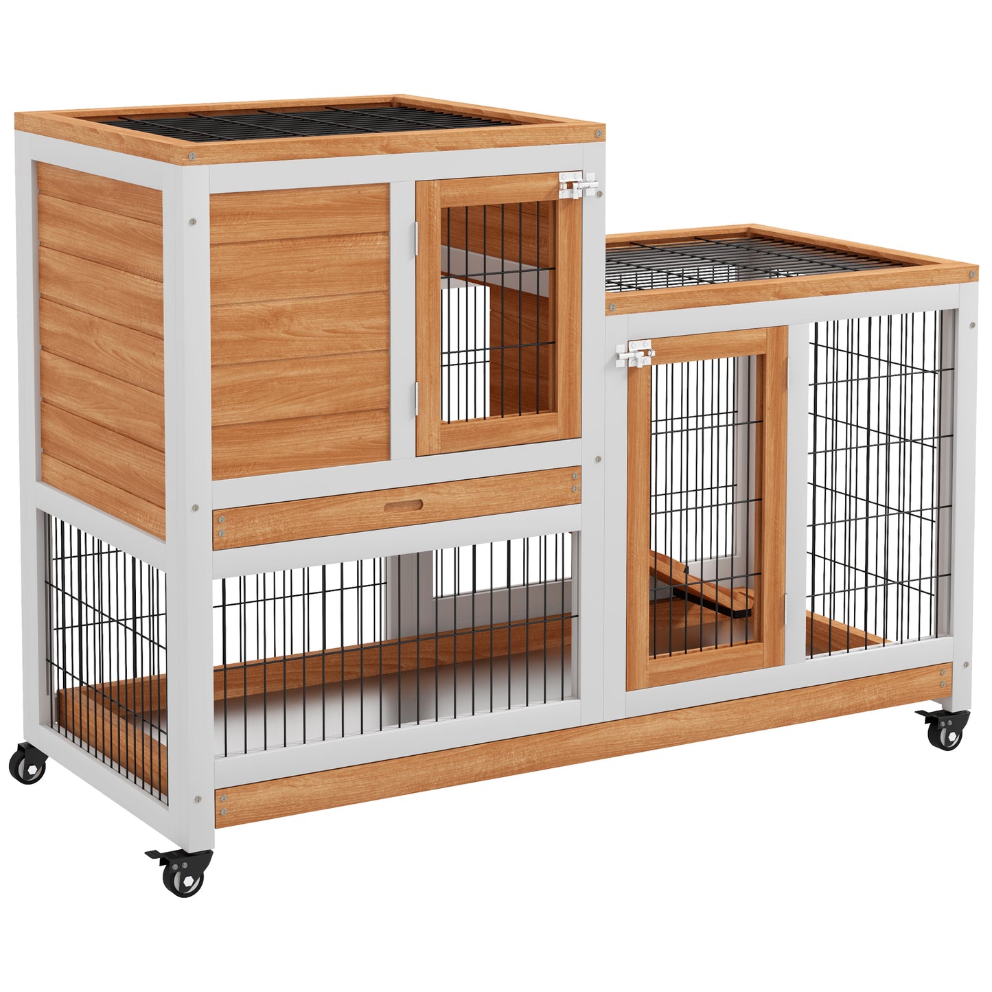 Photo of PawHut Wooden Indoor Hutch Elevated Cage w/ Wheel, Run, Yellow in Yellow colour on a white background