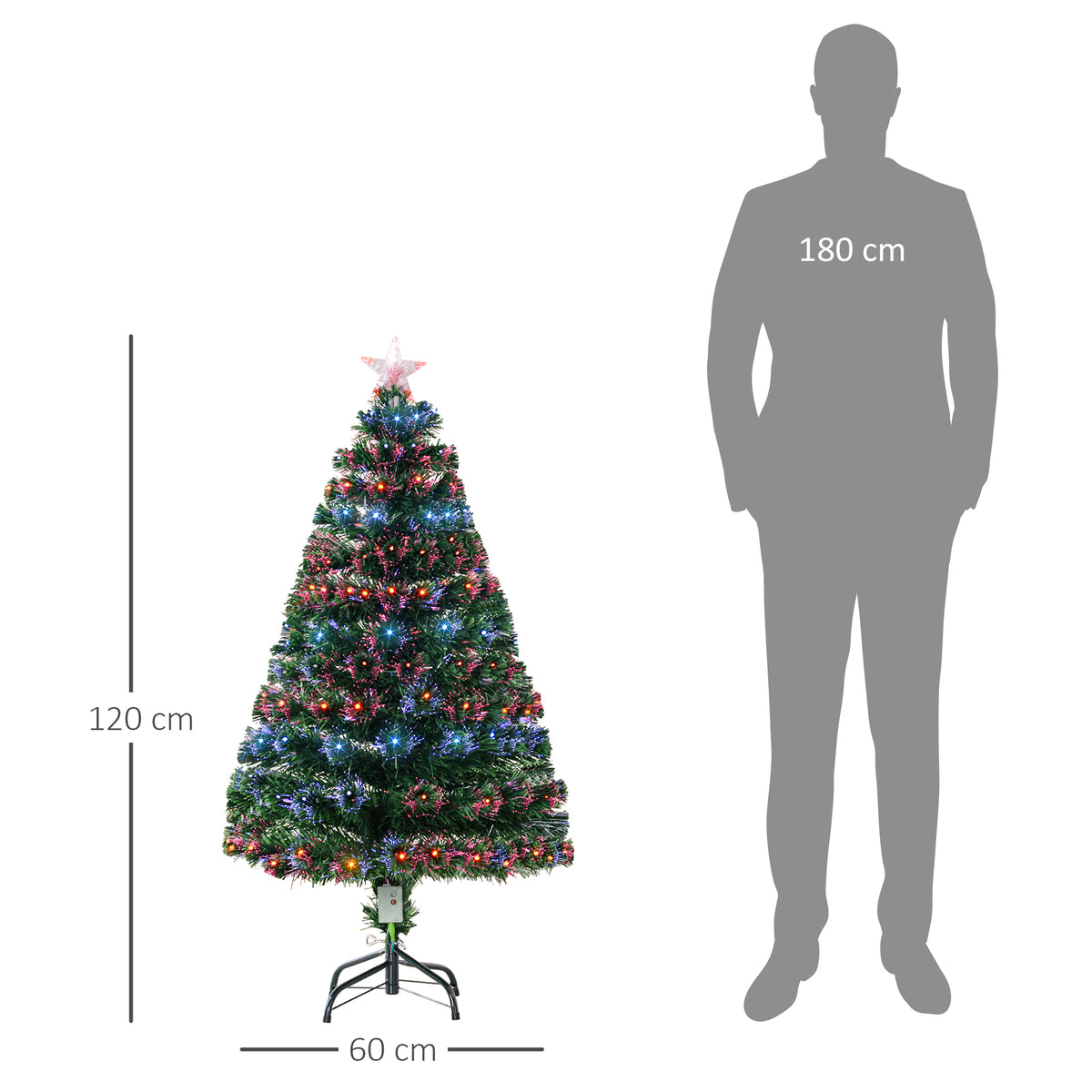 Green pre-lit Christmas tree, 120 cm tall and 60 cm wide, shown beside a height scale